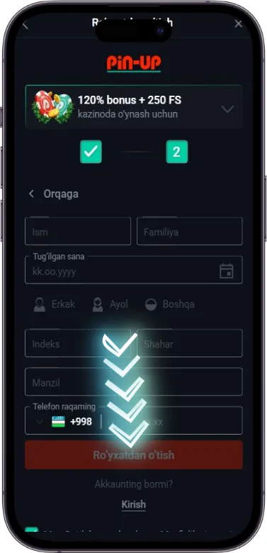 Pin Up ro‘yxatdan o‘tishni yakunlash
