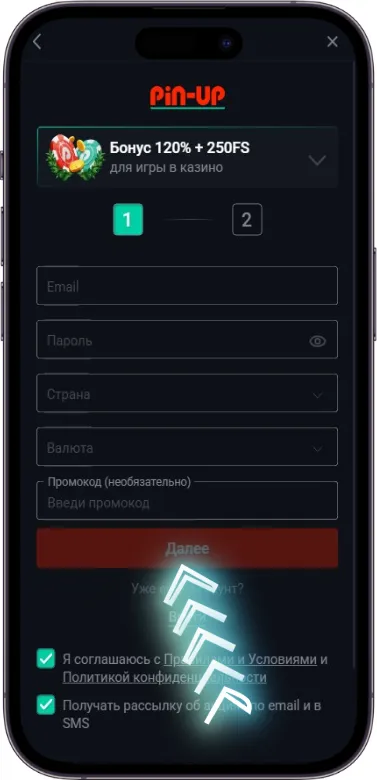 Pin Up завершение первого шага регистрации