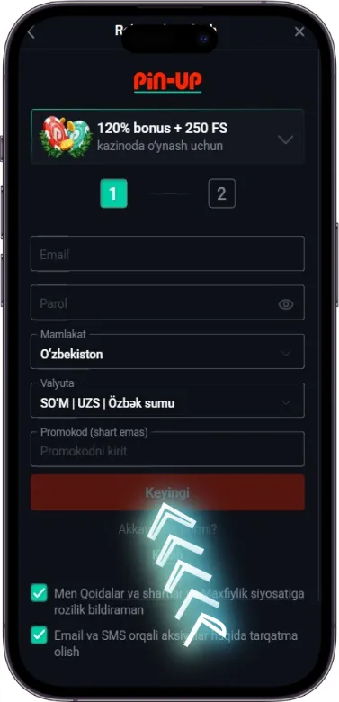Pin Up ro‘yxatdan o‘tishning birinchi bosqichini yakunlash