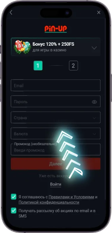 Pin Up заполнение формы регистрации