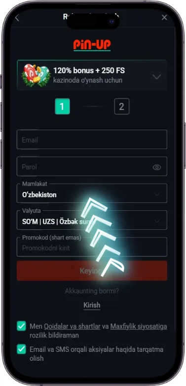 Pin Up ro‘yxatdan o‘tish formasini to‘ldirish