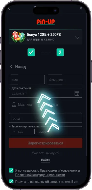 Pin Up второй шаг регистрации